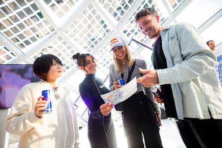 Red Bull Doodle Art global judges Ayaka Toyomasu, Anna Nooshin, Noa Diorgina and Burnt Toast at the World Final in Amsterdam, the Netherlands, on May 27, 2023.