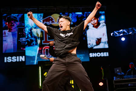 B-Boy ISSIN celebrate winning at Red Bull BC One Cypher Japan in Shimonoseki, Yamaguchi, Japan on September 25, 2022.