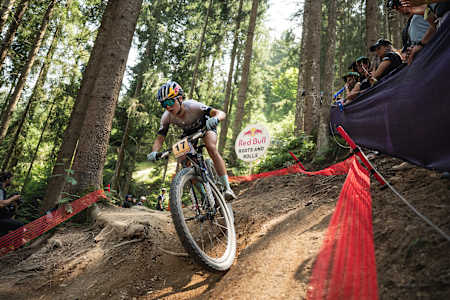 Kate Courtney performs at UCI XCO World Cup in Leogang, Austria on June 18, 2023. 