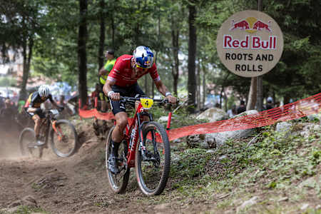 Lars Forster performs at UCI XCO World Cup in Val Di Sole, Italy on July 2, 2023.