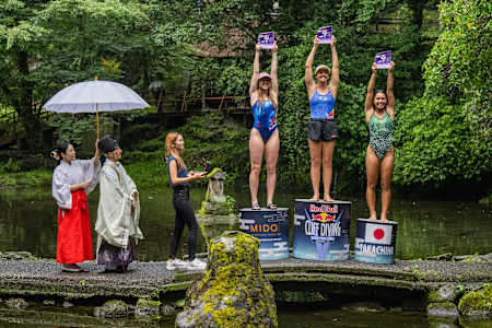Winners of the women's competition at the Red Bull Cliff Diving World Series stop in Takachiho Gorge, Japan, 2023. 