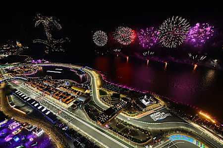 fireworks at the podium celebrations following the race win of Sergio Perez of Mexico and Oracle Red Bull Racing during the F1 Grand Prix of Saudi Arabia at Jeddah Corniche Circuit on March 19, 2023.