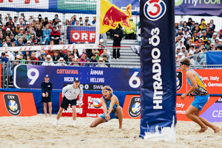 David Ahman and Jonatan Hellvig competing at the A1 CEV BeachVolley Nations Cup 2023 in Vienna, Austria on August 6, 2023