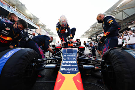 Max Verstappen of Netherlands and Red Bull Racing prepares to drive on the grid before the F1 Grand Prix of Abu Dhabi at Yas Marina Circuit on December 12, 2021 in Abu Dhabi, United Arab Emirates