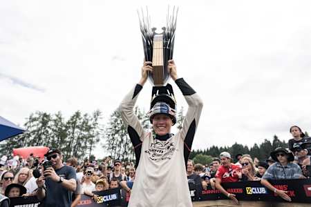 Emil Johansson celebrates at Crankworx Slopestyle in Innsbruck, Austria on June 23, 2023