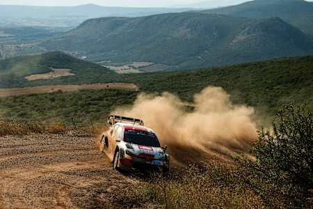 Sebastien Ogier and Vincent Landais of team TOYOTA GAZOO RACING WRT are seen performing during the World Rally Championship Greece in Lamia, Greece on September 8, 2023.