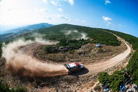 Sebastien Ogier and Vincent Landais of team TOYOTA GAZOO RACING WRT are seen performing during the World Rally Championship Greece in Lamia, Greece on September 8, 2023.