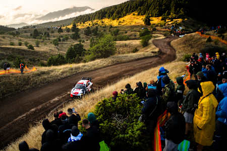 Sebastien Ogier and Vincent Landais of team TOYOTA GAZOO RACING WRT perform during the World Rally Championship Greece in Lamia, Greece on September 09, 2023. 