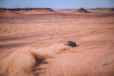 Carlos Sainz and Lucas Cruz of Team Audi Sport race during stage 09 of Rally Dakar 2024 in Al Ula, Saudi Arabia, on January 17, 2024.