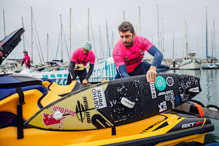 Lucas Chianca and Pedro Scooby are seen during WSL Big Wave Challenge in Nazare, Portugal on January 22, 2024