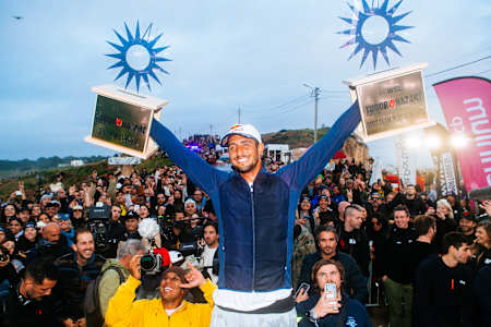 Lucas Chianca of Brazil wins the Best Male Performance at the TUDOR Nazaré Big Wave Challenge on January 22, 2024, in Nazaré, Portugal. 