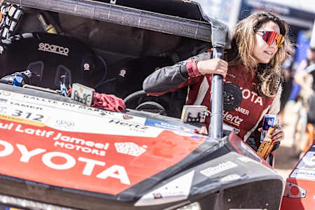 Dania Akeel is seen at the finish line of the Rally Du Maroc 2023 in Merzouga , Morocco on October 18, 2023