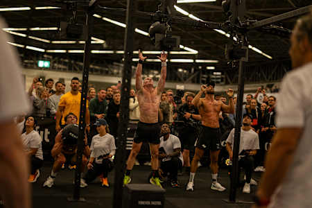 Alexander Roncevic, James Kelly and Rylan Schadegg seen during the Elite 15 at the Hyrox Major in Amsterdam, Netherlands on October 10, 2024.
