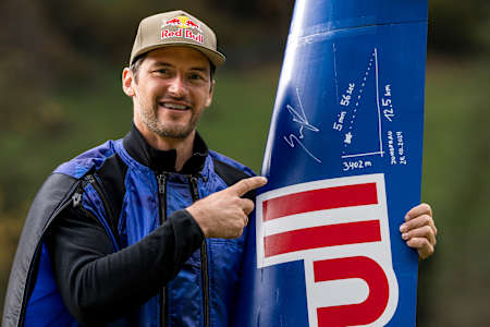 Peter Salzmann celebrates his Red Bull Wingsuit Foil Project event in Lauterbrunnen, Switzerland.