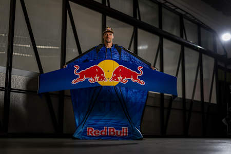 Peter Salzmann his new wingsuit foil in Lauterbrunnen, Switzerland, during the Red Bull Wingsuit Foil Project.