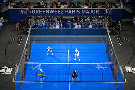Federico Chingotto and Alejandro Galan compete against Martin Di Nenno and Juan Lebron during the Greenweez Paris Major, at Roland-Garros stadium in Paris, France on October 5, 2024. 