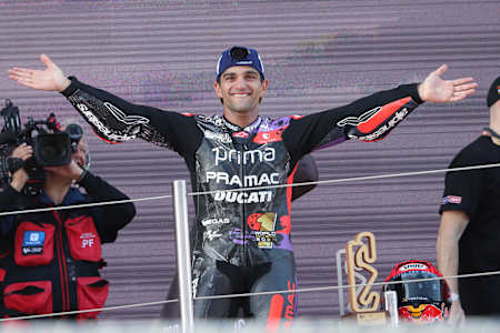 Jorge Martin pictured on the podium after securing the 2024 MotoGP World Championship title in Barcelona, Spain on November 17, 2024.