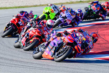 Jorge Martin leads the pack during the final round of the MotoGP World Championship in Barcelona, Spain, on November 17, 2024.
