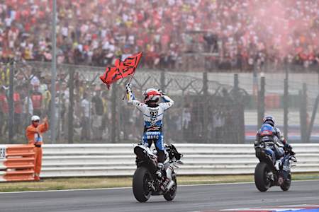 Marc Márquez celebrates after the race at the San Marino MotoGP on September 8, 2024.