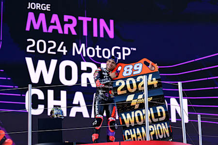 Jorge Martín celebrating during the MotoGP Race in Barcelona, Spain on November 17, 2024.
