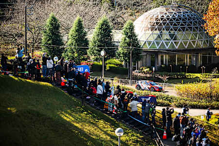 Thierry Neuville (BEL) and Martijn Wydaeghe (BEL) of team HYUNDAI SHELL MOBIS WORLD RALLY TEAM are seen performing during the World Rally Championship Japan in Toyota city, Japan on November 21, 2024.