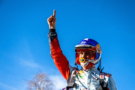 Thierry Neuville (BEL) of team HYUNDAI SHELL MOBIS WORLD RALLY TEAM celebrates on the podium after winning World Rally Championship in Monaco, Monte-Carlo on 28.01.2024