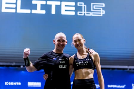 James Kelly and Joanna Wietrzyk seen during the Elite 15 at the Hyrox Major in Hong Kong on November 22, 2024. 