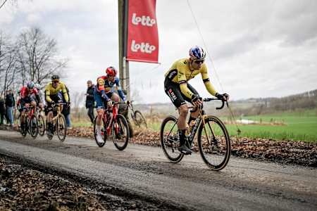 Wout Van Aert racing the 79th Omloop Het Nieuwsblad 2024 race from Ghent to Ninove over 202km on February 24 2024.