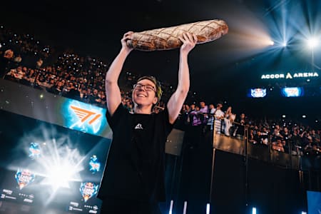 In 2024, Thebausffs from Los Ratones celebrates at Red Bull League of Its Own event at the Accor Arena in Paris.