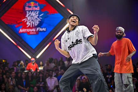 In 2024, a dancer energetically performs at the Red Bull Dance Your Style National Finals event in Mumbai, India