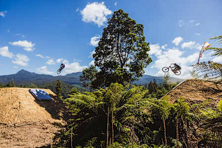 Sam Blenkinsop and Brook Macdonald ride down the Red Bull Hardline Australia 2024 course in unison