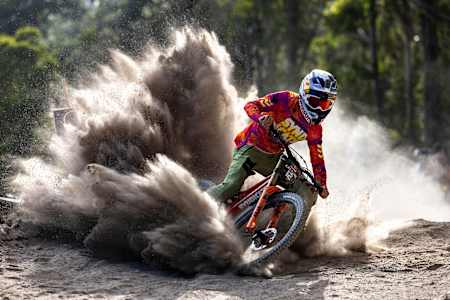 Laurie Greenland performs during practice at Red Bull Hardline in Maydena Bike Park, Australia, on February 21, 2024.