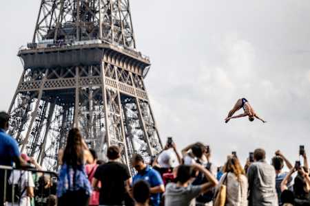 Molly Carlson of Canada dives from the 21.5-metre platform during the first competition day of the second stop of the Red Bull Cliff Diving World Series in Paris, France, on June 17, 2023.