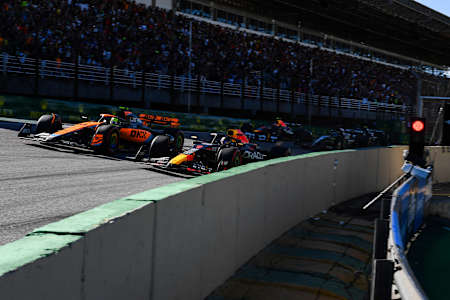 Max Verstappen leads Lando Norris in the Sprint ahead of the F1 Grand Prix of Brazil at Autodromo Jose Carlos Pace on November 04, 2023 in Sao Paulo, Brazil. 
