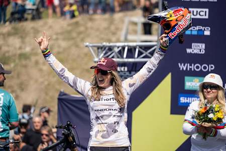 Rachel Atherton celebrates at the UCI DH World Cup in Lenzerheide, Switzerland on June 10, 2023