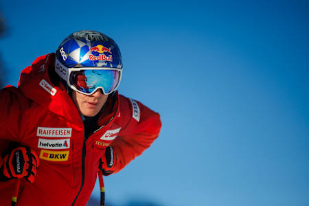 Marco Odermatt of Switzerland seen during the course inspection at Hahnenkamm races in Kitzbuhel, Austria on January 20, 2024.