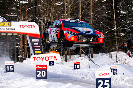 Ott Tänak (EST) Martin Järveoja (EST) Of team HYUNDAI SHELL MOBIS WORLD RALLY TEAM are seen racing during the World Rally Championship Sweden in Umea, Sweden on 18 February, 2024 