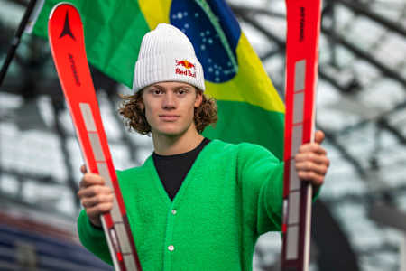 Lucas Pinheiro Braathen seen during a press conference at Hangar 7 in Salzburg, Austria on March 7, 2024.