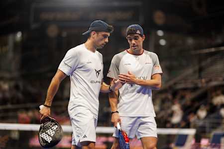 Alejandro Galán (L) and Juan Lebron (R) of Spain seen during the Ooredoo Qatar Major Premier Padel in Doha, Qatar on March 4, 2024.