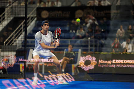 Juan Lebrón of Spain competes during the Ooredoo Qatar Major Premier Padel in Doha, Qatar on March 4, 2024.