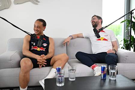 Xavi Simons and Dr. Peter Schneider seen during the recording of the Mind Set Win podcast in Leipzig, Germany on April 9, 2024.