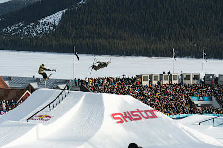 Henrik Harlaut railing the shoot out rail at Red Bull Unrailistic in Åre, Sweden on April 26, 2024.
