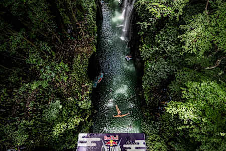 Eleanor Smart of the USA dives from the 21 metre platform at the fourth stop of the Red Bull Cliff Diving World Series in Takachiho, Japan on August 3, 2023.