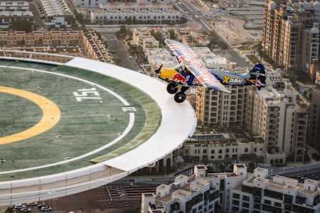 Luke Czepiela of Poland lands as first person in history an airplane (a CubCrafters Carbon Cub UL) on the helipad of the Burj al Arab Hotel in Dubai, United Arab Emirates on March 14, 2023.