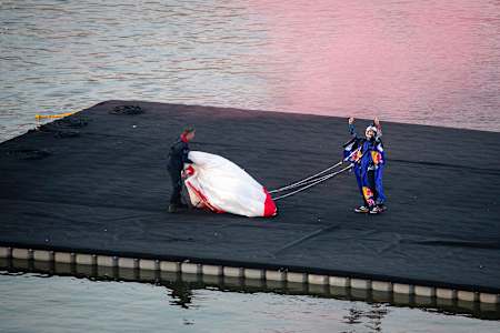 Marco Waltenspiel of Austria clebrates after flying through Tower Bridge in London, Great Britain on May 12, 2024.