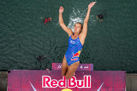 Rhiannan Iffland of Australia dives from the 21m platform during the final competition day of the 2023 Red Bull Cliff Diving World Series in Auckland, New Zealand on January 28, 2024.