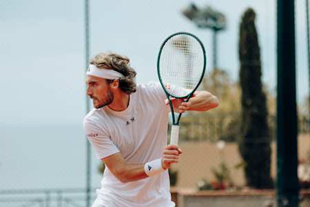 Stefanos Tsitsipas seen during a tennis training session in Monte Carlo Country Club.