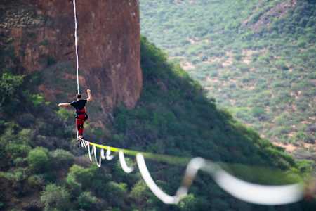 Jaan Roose photographed slacklining in Samburu County in Kenya, 2022.