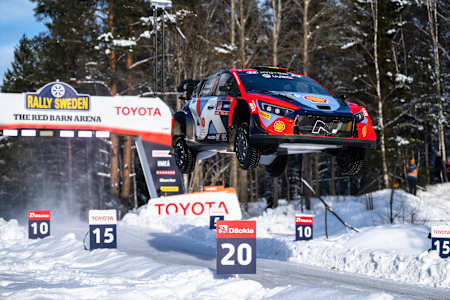 Thierry Neuville (BEL) Martijn Wydaeghe (BEL) Of team HYUNDAI SHELL MOBIS WORLD RALLY TEAM are seen racing during the World Rally Championship Sweden in Umea, Sweden on 18 February, 2024