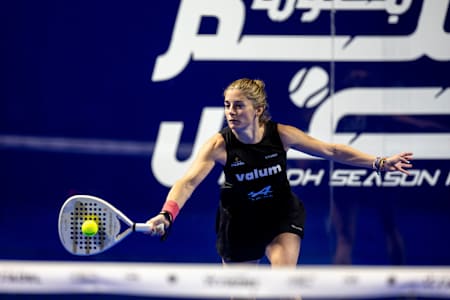 Alejandra Salazar hitting forehand shot at Premier Padel event in Riyadh.